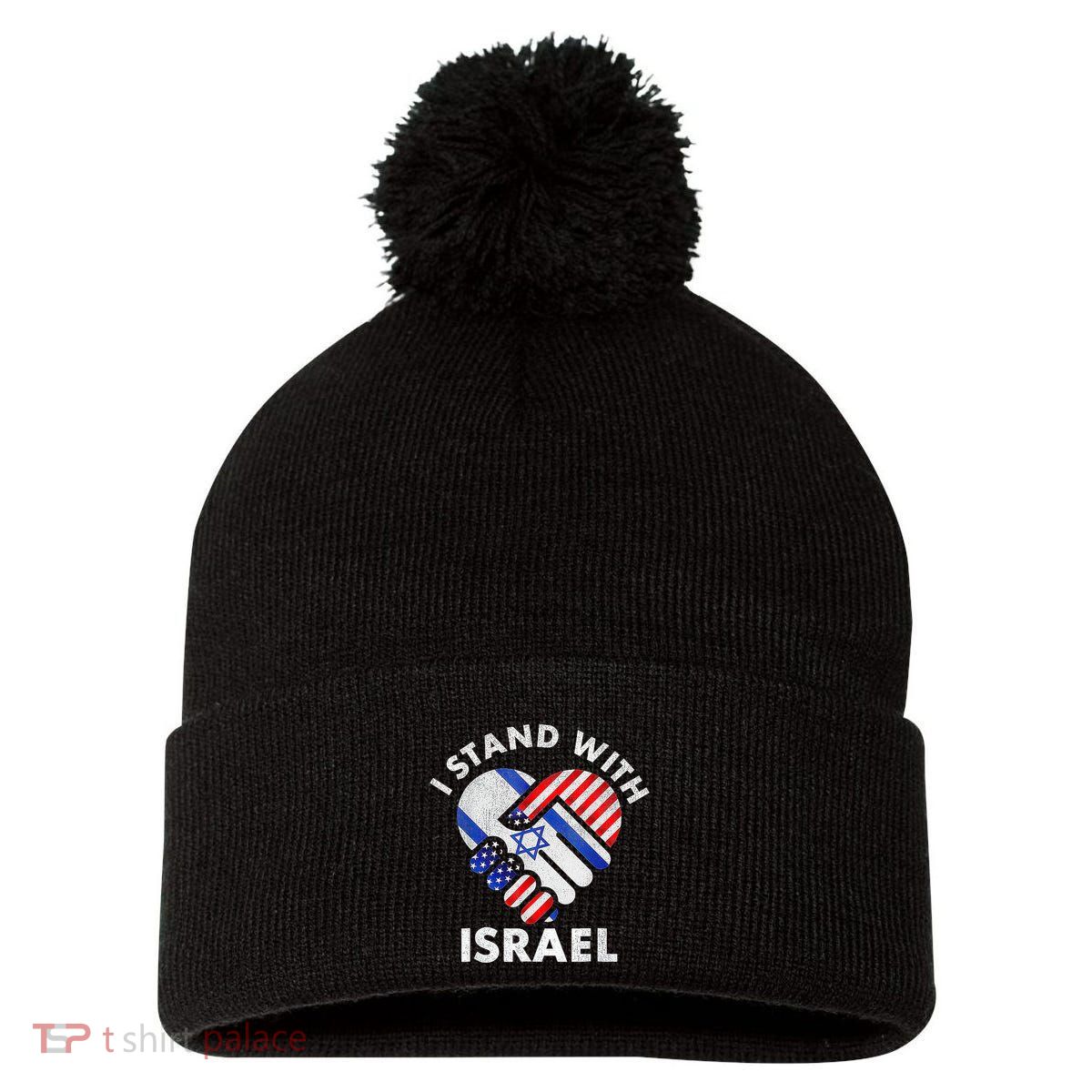 I Stand With Israel Usa American Flag With Israel Flag Heart Pom Pom 12in Knit Beanie