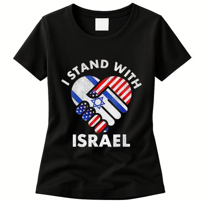 I Stand With Israel Usa American Flag With Israel Flag Heart Womens T-Shirt