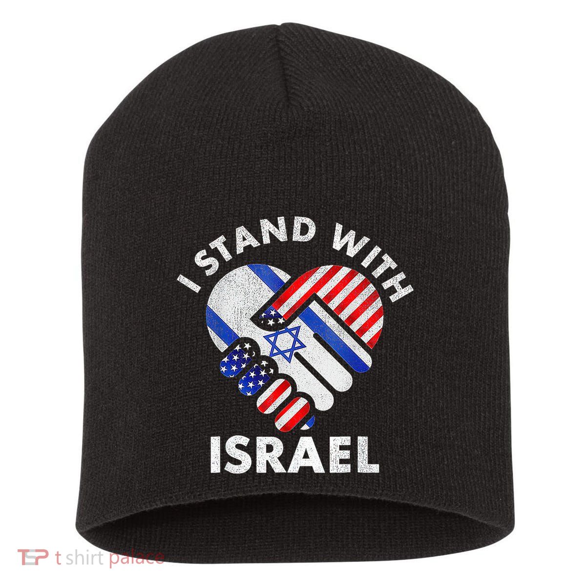 I Stand With Israel Usa American Flag With Israel Flag Heart Short Acrylic Beanie