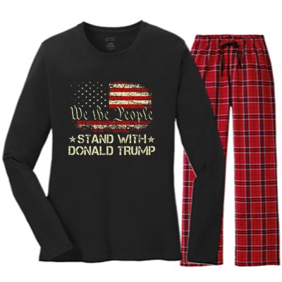 I Stand With Donald Trump Support Pro Trump American Flag Women's Long Sleeve Flannel Pajama Set 