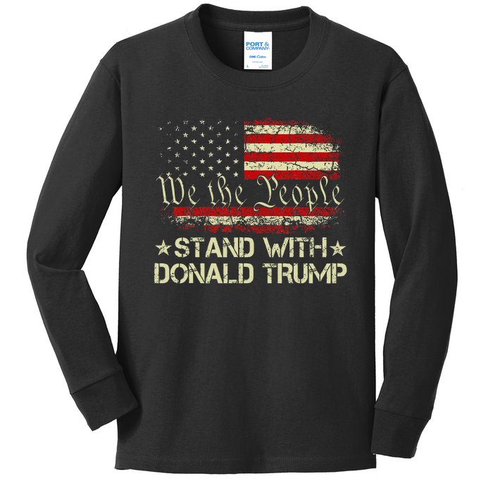 I Stand With Donald Trump Support Pro Trump American Flag Kids Long Sleeve Shirt