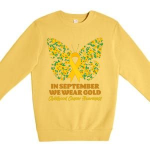 In September We Wear Gold Childhood Cancer Awareness Flower Butterfly Premium Crewneck Sweatshirt