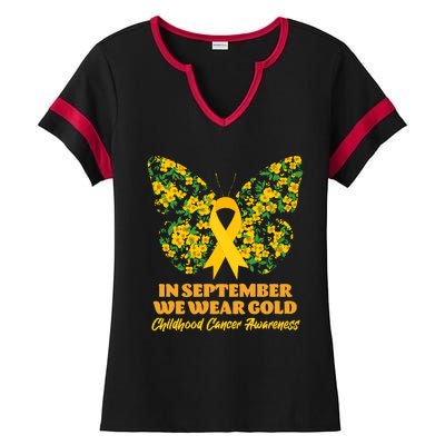 In September We Wear Gold Childhood Cancer Awareness Flower Butterfly Ladies Halftime Notch Neck Tee