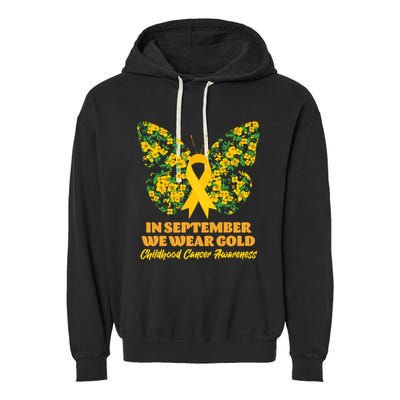 In September We Wear Gold Childhood Cancer Awareness Flower Butterfly Garment-Dyed Fleece Hoodie