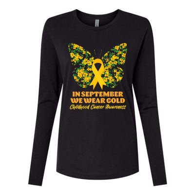 In September We Wear Gold Childhood Cancer Awareness Flower Butterfly Womens Cotton Relaxed Long Sleeve T-Shirt