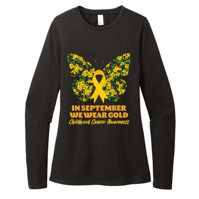 In September We Wear Gold Childhood Cancer Awareness Flower Butterfly Womens CVC Long Sleeve Shirt