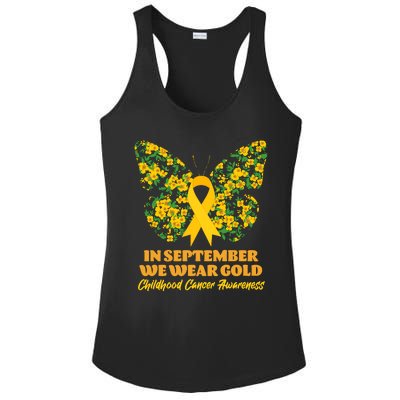 In September We Wear Gold Childhood Cancer Awareness Flower Butterfly Ladies PosiCharge Competitor Racerback Tank