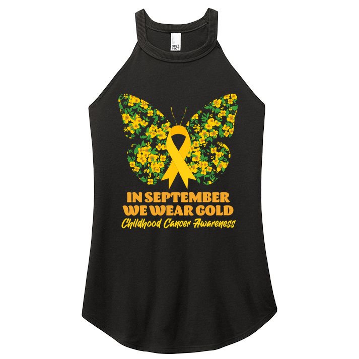 In September We Wear Gold Childhood Cancer Awareness Flower Butterfly Women's Perfect Tri Rocker Tank