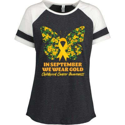 In September We Wear Gold Childhood Cancer Awareness Flower Butterfly Enza Ladies Jersey Colorblock Tee