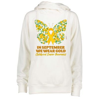 In September We Wear Gold Childhood Cancer Awareness Flower Butterfly Womens Funnel Neck Pullover Hood