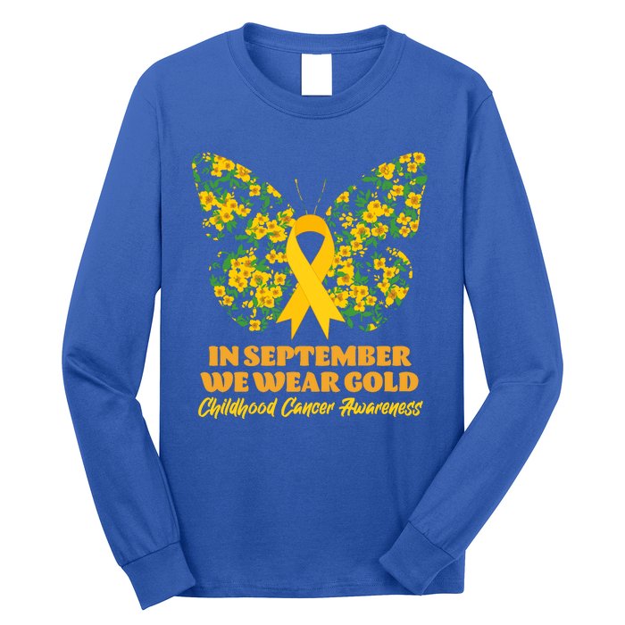 In September We Wear Gold Childhood Cancer Awareness Flower Butterfly Long Sleeve Shirt