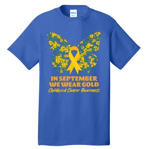 In September We Wear Gold Childhood Cancer Awareness Flower Butterfly Tall T-Shirt