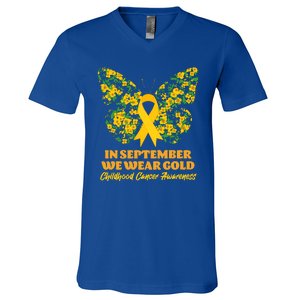 In September We Wear Gold Childhood Cancer Awareness Flower Butterfly V-Neck T-Shirt