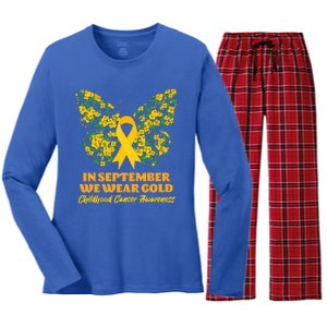 In September We Wear Gold Childhood Cancer Awareness Flower Butterfly Women's Long Sleeve Flannel Pajama Set 