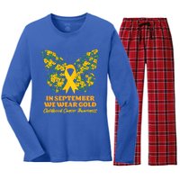 In September We Wear Gold Childhood Cancer Awareness Flower Butterfly Women's Long Sleeve Flannel Pajama Set 