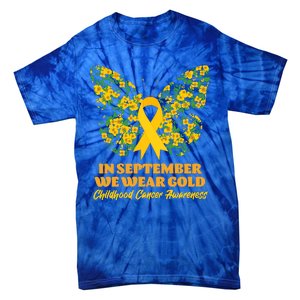 In September We Wear Gold Childhood Cancer Awareness Flower Butterfly Tie-Dye T-Shirt