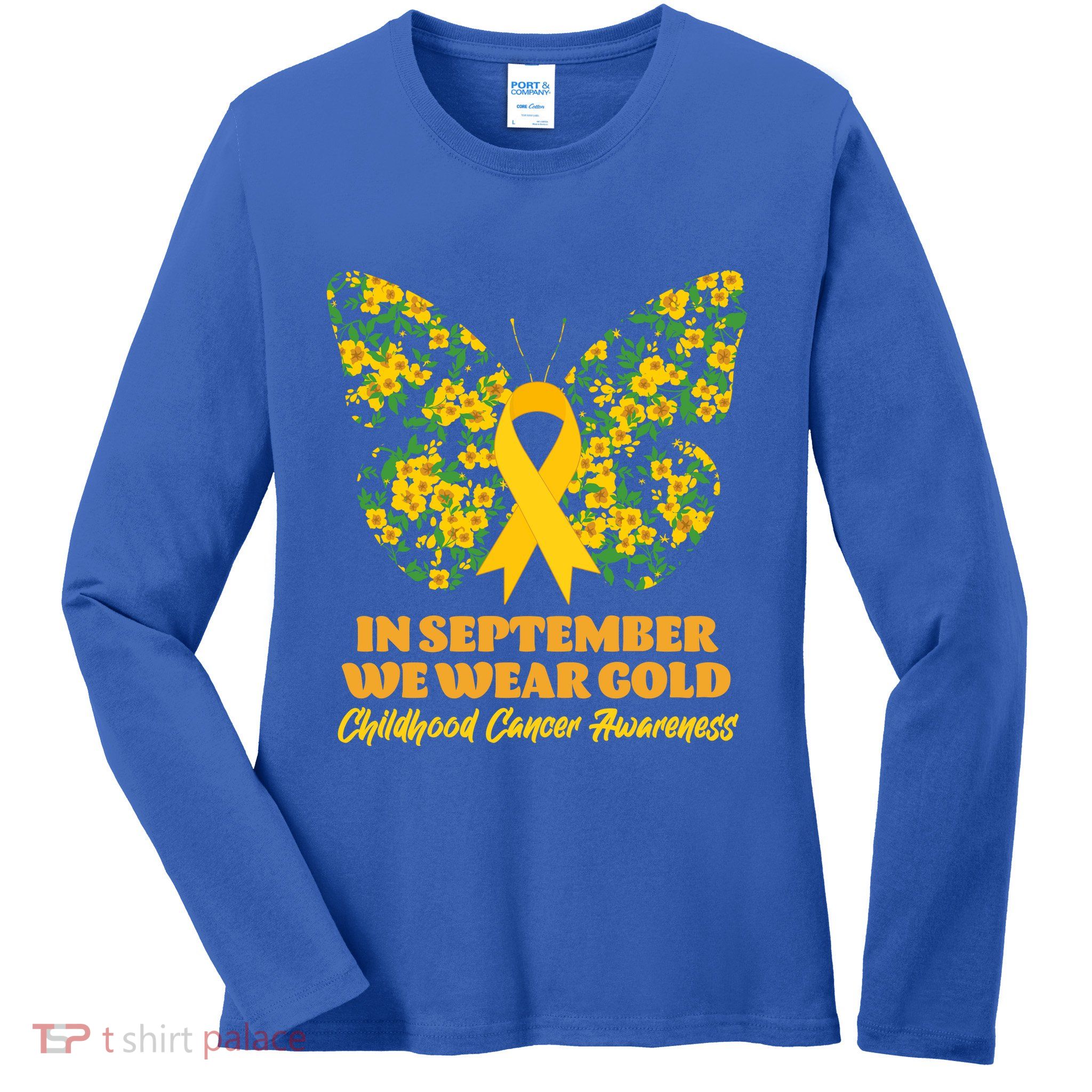 In September We Wear Gold Childhood Cancer Awareness Flower Butterfly Ladies Long Sleeve Shirt
