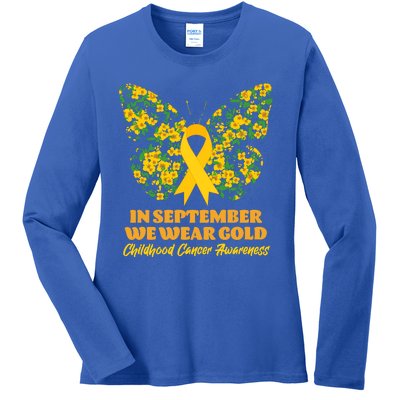 In September We Wear Gold Childhood Cancer Awareness Flower Butterfly Ladies Long Sleeve Shirt