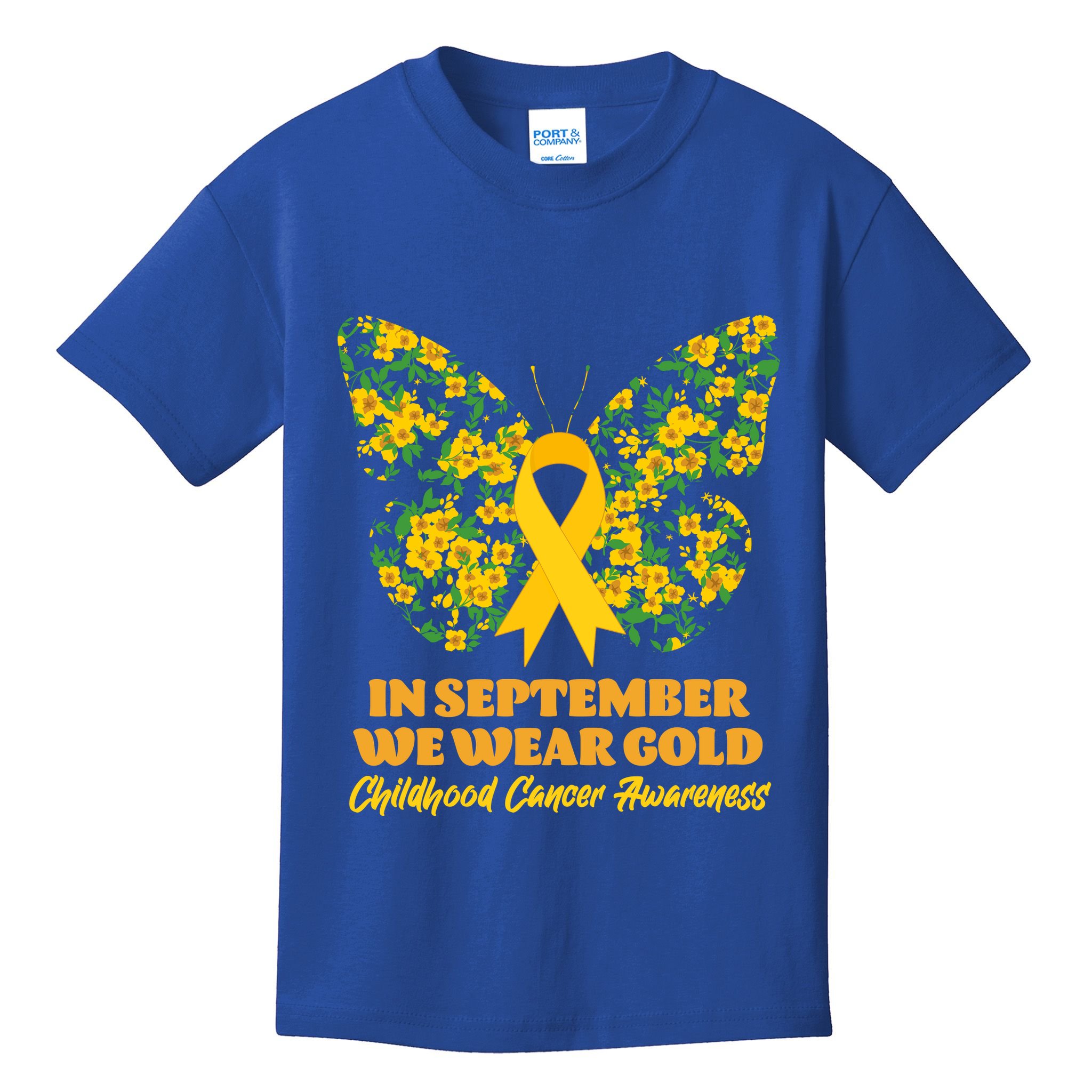 In September We Wear Gold Childhood Cancer Awareness Flower Butterfly Kids T-Shirt