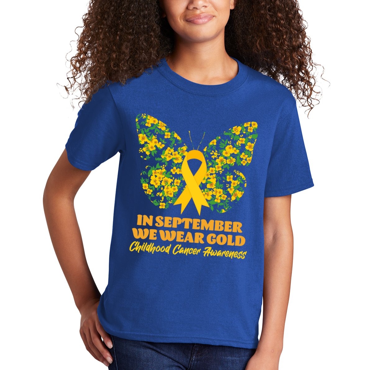 In September We Wear Gold Childhood Cancer Awareness Flower Butterfly Kids T-Shirt