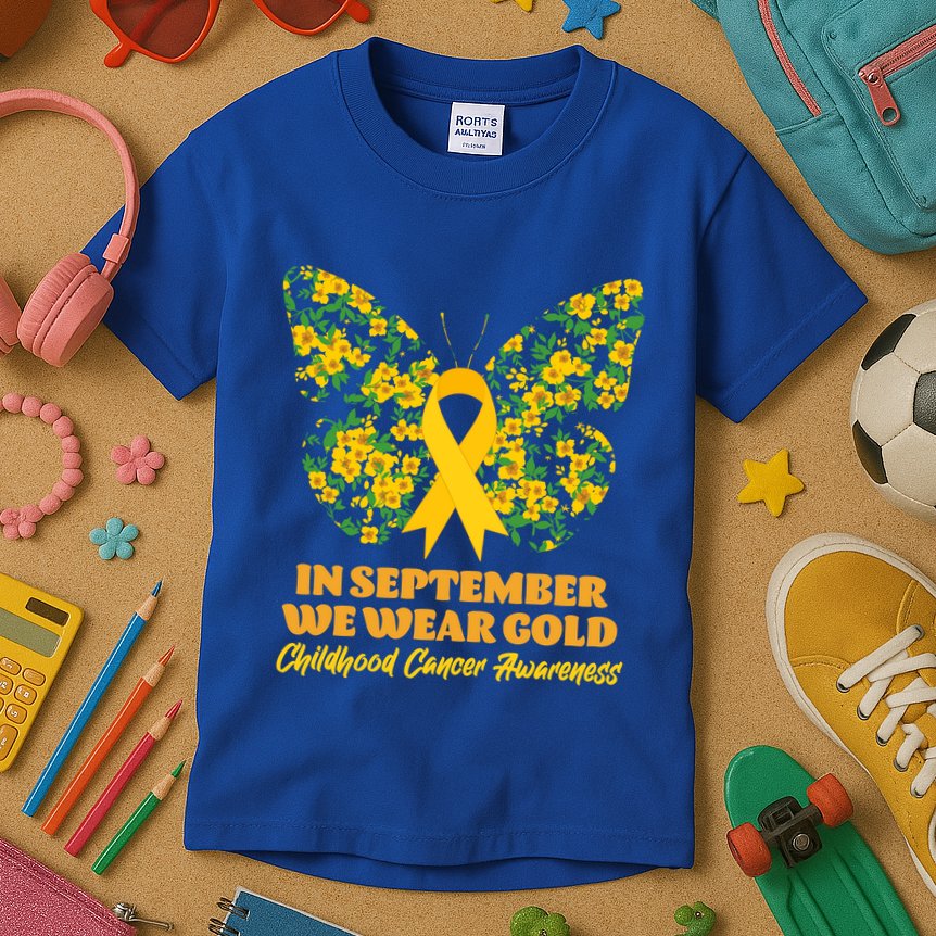 In September We Wear Gold Childhood Cancer Awareness Flower Butterfly Kids T-Shirt