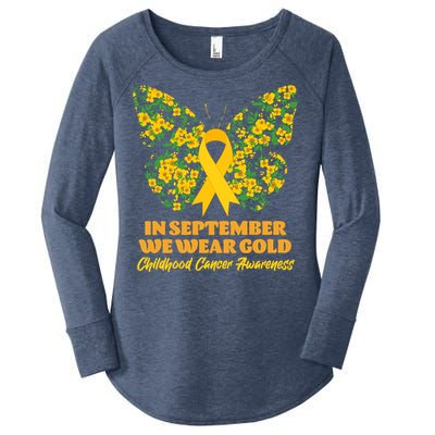 In September We Wear Gold Childhood Cancer Awareness Flower Butterfly Women's Perfect Tri Tunic Long Sleeve Shirt