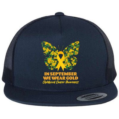 In September We Wear Gold Childhood Cancer Awareness Flower Butterfly Flat Bill Trucker Hat