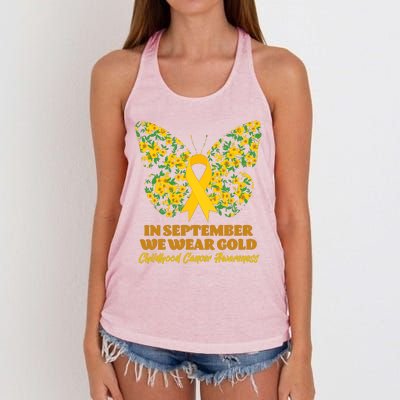 In September We Wear Gold Childhood Cancer Awareness Flower Butterfly Women's Knotted Racerback Tank