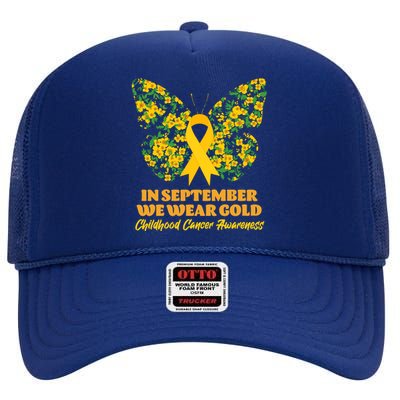 In September We Wear Gold Childhood Cancer Awareness Flower Butterfly High Crown Mesh Back Trucker Hat