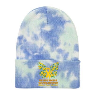 In September We Wear Gold Childhood Cancer Awareness Flower Butterfly Tie Dye 12in Knit Beanie