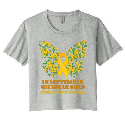 In September We Wear Gold Childhood Cancer Awareness Flower Butterfly Women's Crop Top Tee