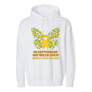 In September We Wear Gold Childhood Cancer Awareness Flower Butterfly Garment-Dyed Fleece Hoodie