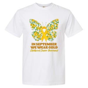 In September We Wear Gold Childhood Cancer Awareness Flower Butterfly Garment-Dyed Heavyweight T-Shirt