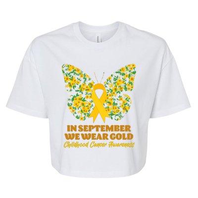 In September We Wear Gold Childhood Cancer Awareness Flower Butterfly Bella+Canvas Jersey Crop Tee