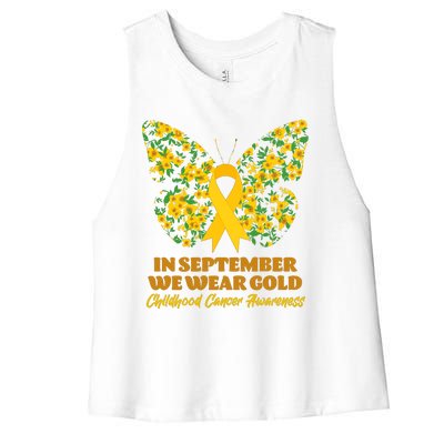 In September We Wear Gold Childhood Cancer Awareness Flower Butterfly Women's Racerback Cropped Tank