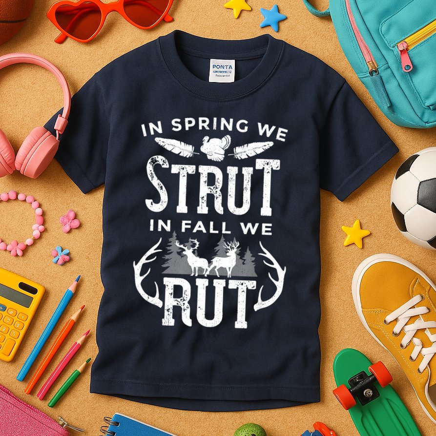 In Spring We Strut In Fall We Rut Turkey & Deer Hunters Kids T-Shirt
