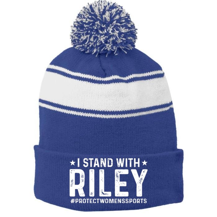 I Stand With Riley Gaines #ProtectWomensSports Stripe Pom Pom Beanie