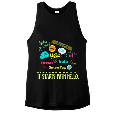 It Starts With Hello Friendship Unity Inclusion Teacher Gift Ladies PosiCharge Tri-Blend Wicking Tank