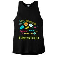 It Starts With Hello Friendship Unity Inclusion Teacher Gift Ladies PosiCharge Tri-Blend Wicking Tank