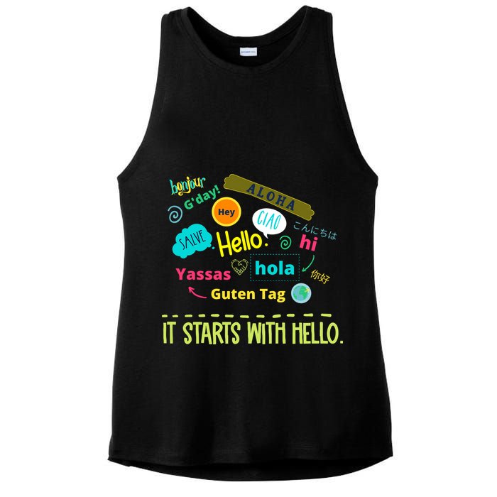It Starts With Hello Friendship Unity Inclusion Teacher Gift Ladies PosiCharge Tri-Blend Wicking Tank