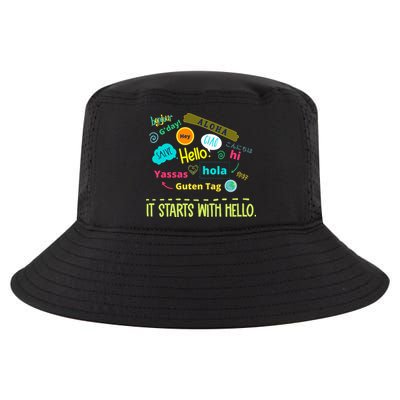 It Starts With Hello Friendship Unity Inclusion Teacher Gift Cool Comfort Performance Bucket Hat
