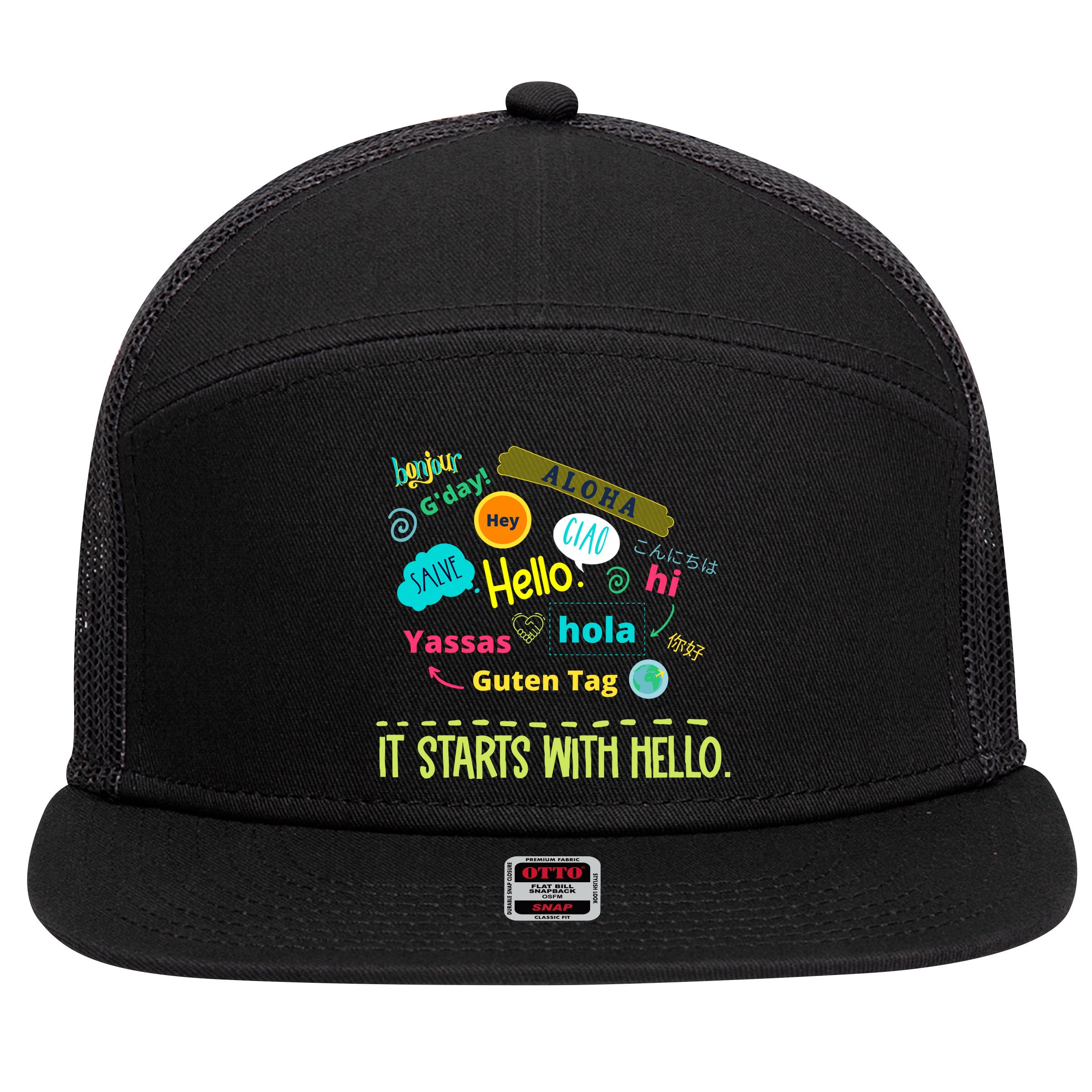 It Starts With Hello Friendship Unity Inclusion Teacher Gift 7 Panel Mesh Trucker Snapback Hat