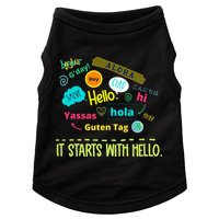 It Starts With Hello Friendship Unity Inclusion Teacher Gift Doggie Tank