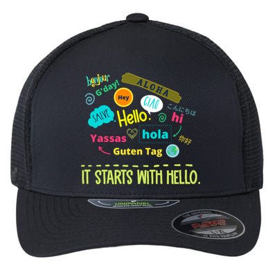 It Starts With Hello Friendship Unity Inclusion Teacher Gift Flexfit Unipanel Trucker Cap