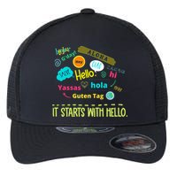 It Starts With Hello Friendship Unity Inclusion Teacher Gift Flexfit Unipanel Trucker Cap