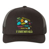 It Starts With Hello Friendship Unity Inclusion Teacher Gift Yupoong Adult 5-Panel Trucker Hat