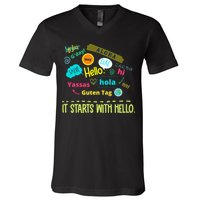 It Starts With Hello Friendship Unity Inclusion Teacher Gift V-Neck T-Shirt