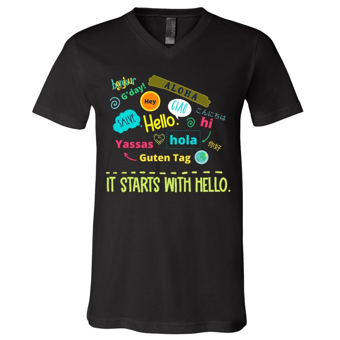 It Starts With Hello Friendship Unity Inclusion Teacher Gift V-Neck T-Shirt