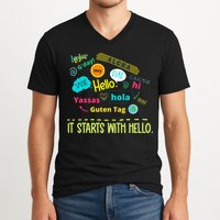 It Starts With Hello Friendship Unity Inclusion Teacher Gift V-Neck T-Shirt