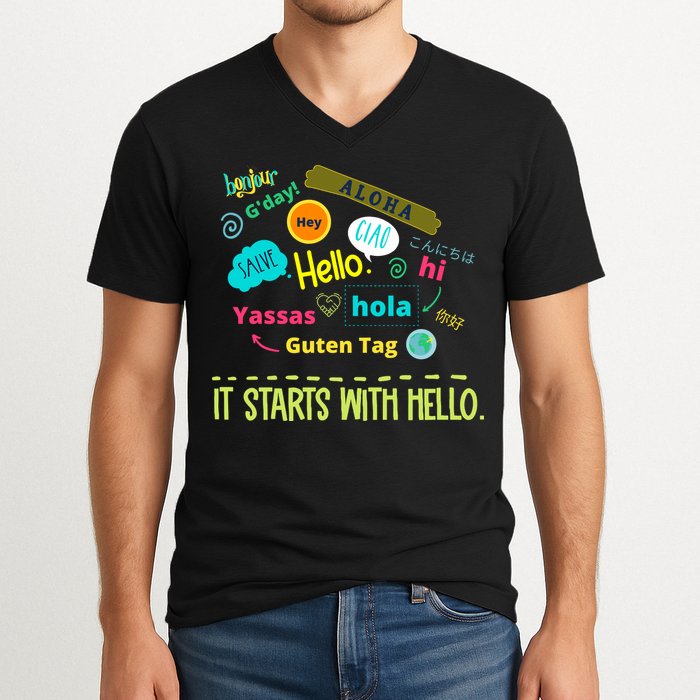 It Starts With Hello Friendship Unity Inclusion Teacher Gift V-Neck T-Shirt